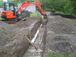 excavator digging a trench for irrigation system