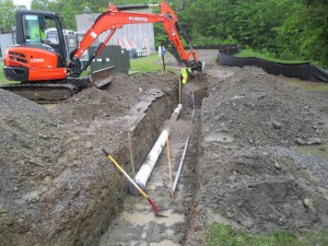 excavator digging a trench for irrigation system