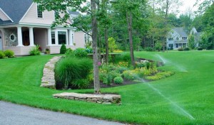home with yard and sprinklers