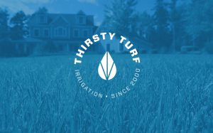 thirsty turf irrigation logo overlaid on top of house and lawn