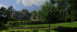 home with stone walls, manicured lawn, and trees