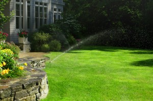 sprinkler watering lawn outside patio